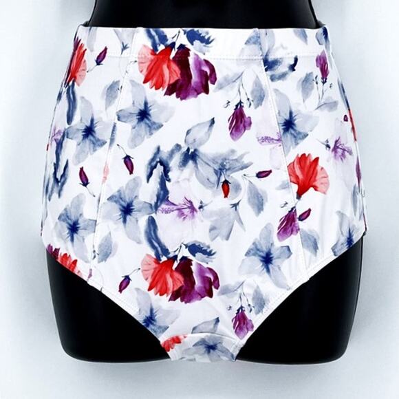 Bikini Bottom Classic High Waisted in White and Multi Color Floral Print Size L - Picture 3 of 6